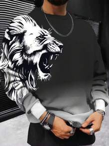 Manfinity LEGND Men Plus Lion Print Ombre Sweatshirt Crew Neck Black Vacation Graphic Long Sleeve Casual Sweatshirt, For Friends, Husband, Boyfriend Gifts, Lion Sweatshirt Men, Men Graphic Sweatshirt, Lion Graphic Sweatshirt, For Fall - Black - View 1
