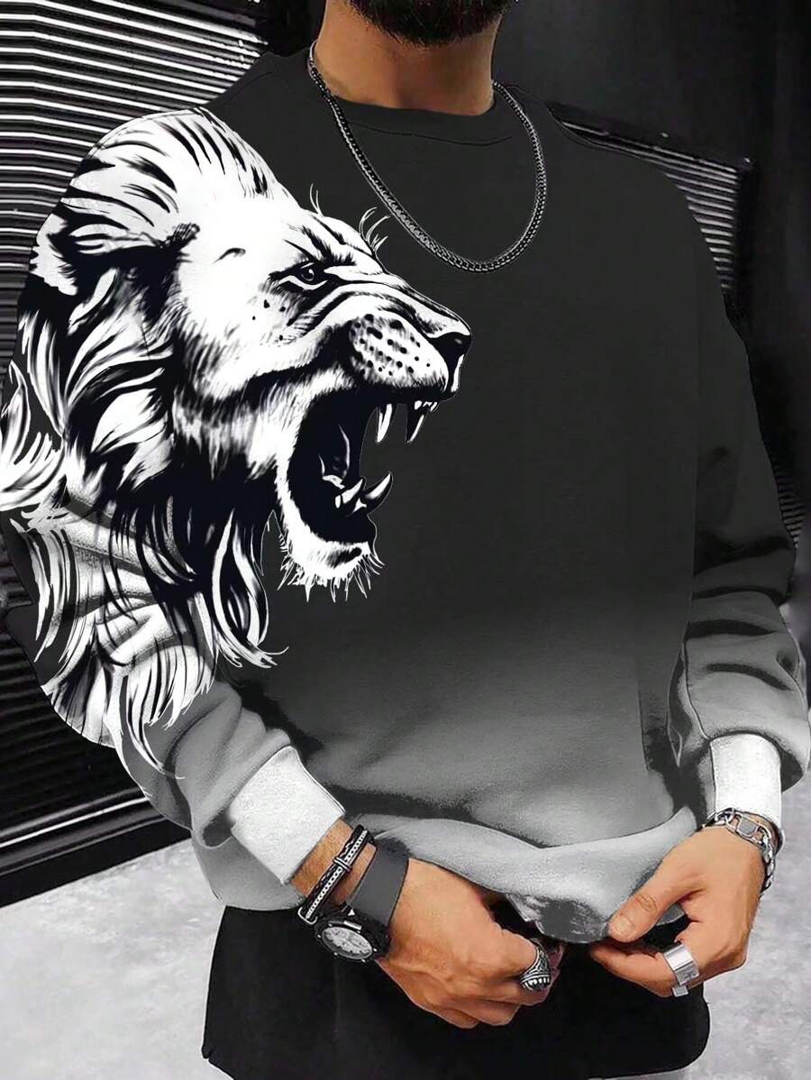 Manfinity LEGND Men Plus Lion Print Ombre Sweatshirt Crew Neck Black Vacation Graphic Long Sleeve Casual Sweatshirt, For Friends, Husband, Boyfriend Gifts, Lion Sweatshirt Men, Men Graphic Sweatshirt, Lion Graphic Sweatshirt, For Fall - Black - View 1