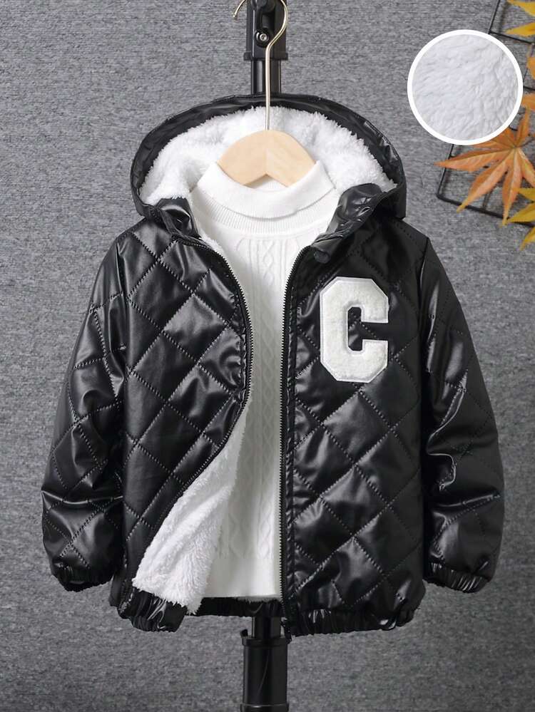 Young Boy Letter Patched Zip Up Thermal Lined Hooded Quilted Coat