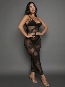 SHEIN SXY Floral Pattern Sheer Mesh Bodycon Dress Without Lingerie Set - Black - View 5