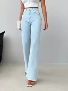 EURMUSE Raw Hem Straight Leg Jeans - Light Wash - View 5