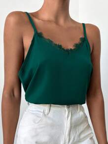 EURMUSE Eyelash Lace Trim Cami Top - Dark Green - View 4