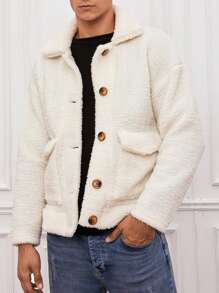 RueChic Men 1pc Flap Pocket Drop Shoulder Teddy Jacket - Beige - View 4