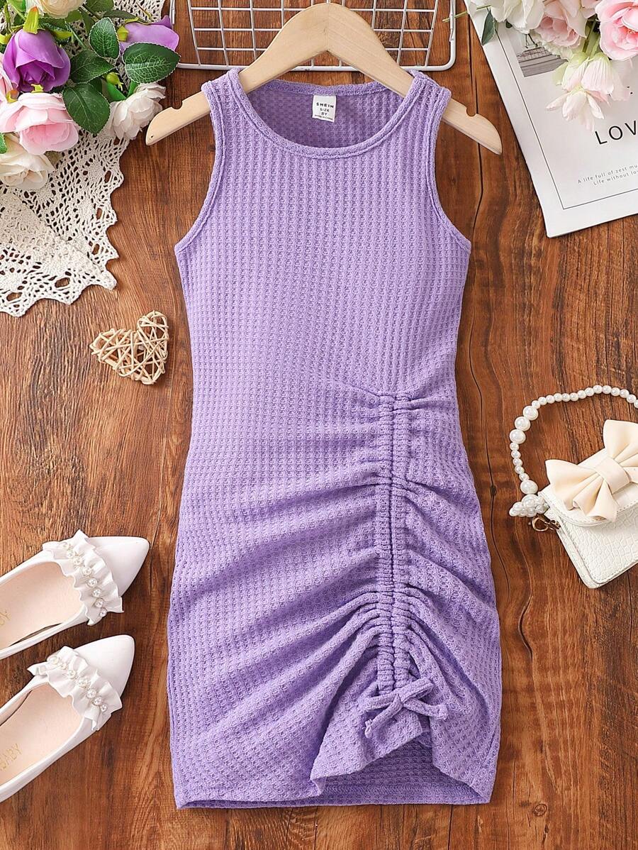 SHEIN Vestido De Tanque Juvenil Con Cordón Delantero De Tejido De Gofre Y Detalles Plisados En Los Lados - Morado - Ver 1