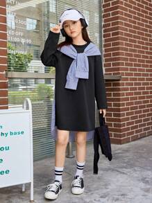 SHEIN Cô gái Tween In sọc Hem cao thấp Váy 2 trong 1 Với khăn quàng cổ - màu đen - Xem 5