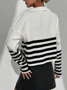 EURMUSE Striped Pattern Drop Shoulder Sweater - Black and White - View 2