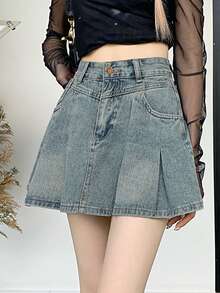 素色百褶細節牛仔半身裙 - 藍色 - 查看 3