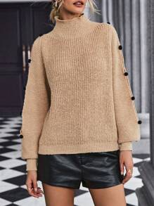 SHEIN LUNE Mock Neck Button Detail Raglan Sleeve Knit Pullover Fall Winter Sweater - Khaki - View 5