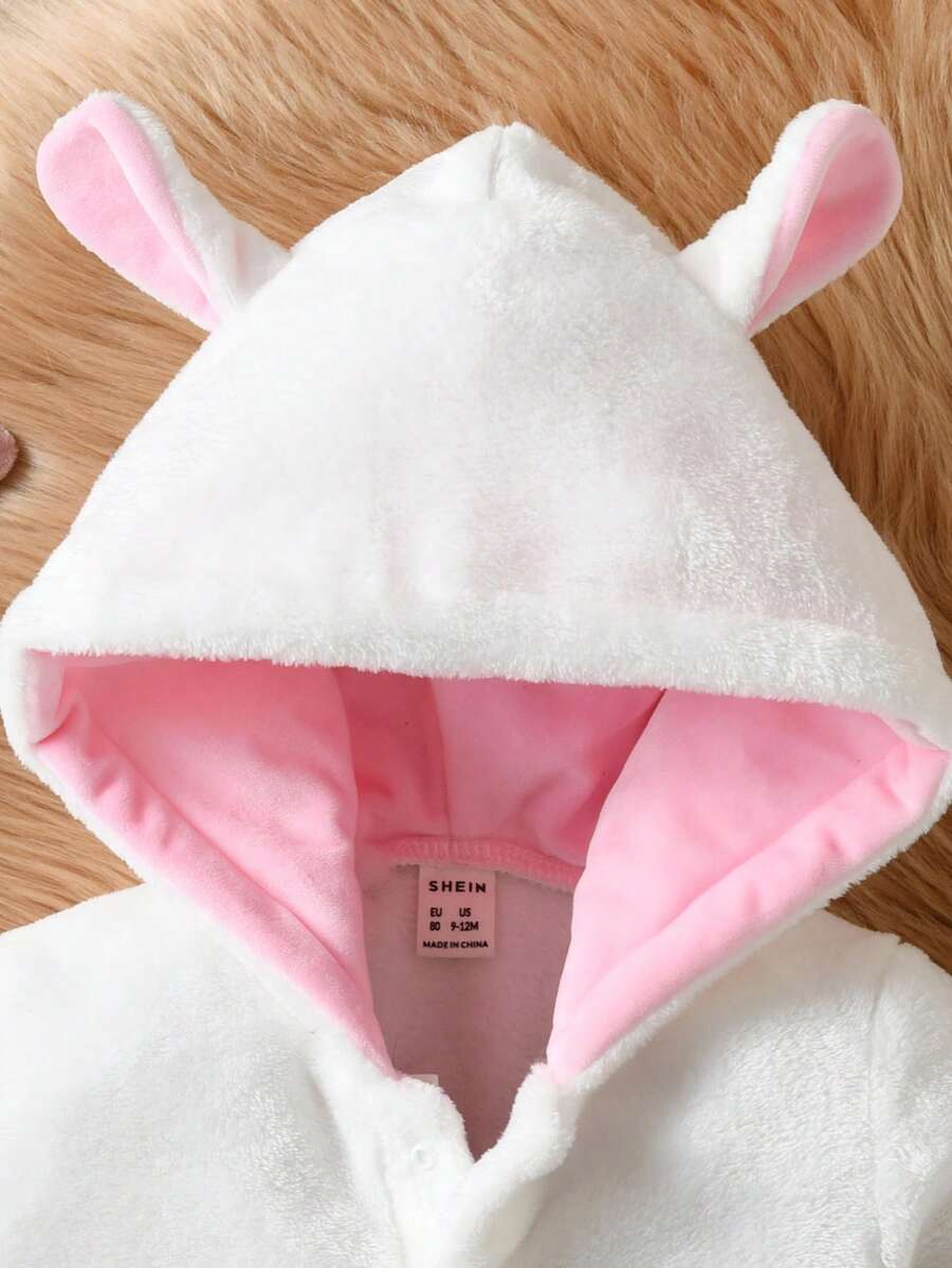 Baby Girl Carrot Embroidery 3D Ear Design Hooded Flannel Bodysuit