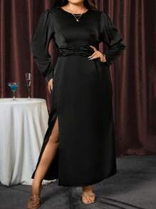 SHEIN Belle 大碼泡泡袖高衩緞面洋裝 - 黑色 - 查看 1