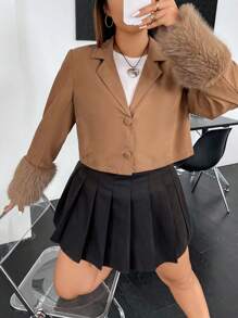 SHEIN ICON 大碼毛茸茸袖口西裝領短夾克 - 棕色 - 查看 7