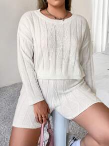 Flirla Plus Drop Shoulder Sweater & Knit Shorts - White - View 1