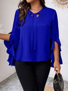 SHEIN Clasi Plus Tie Neck Flare Sleeve Blouse - Royal Blue - View 5
