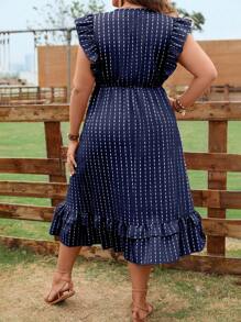 Celure 大碼條紋印花荷葉邊繫腰帶洋裝 - 寶藍色 - 查看 2