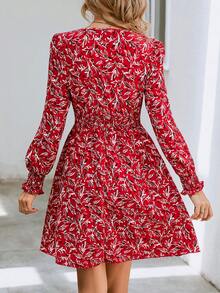 SHEIN Holidaya 休閒交叉 打褶全身印花女士連衣裙 - 紅色 - 查看 2