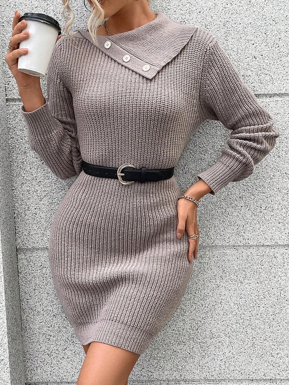Asymmetrical Neck Ribbed Knit Sweater Dress Without Belt