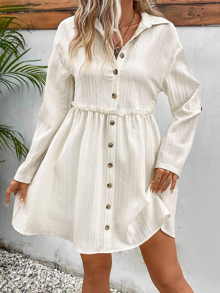 SHEIN Frenchy Lá sen tỉa Nút phía trước Váy sơ mi - Màu be - Xem 1