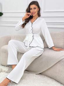 撞色滾邊腰帶休閒服套裝 - 白色 - 查看 3