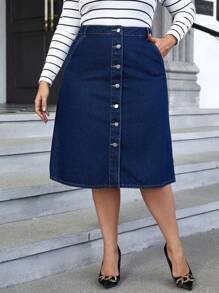 SHEIN Frenchy Plus Button Front Denim Skirt - Medium Wash - View 6