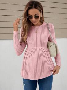 SHEIN Maternity Solid Peplum Tee With Long Sleeve - Baby Pink - View 5