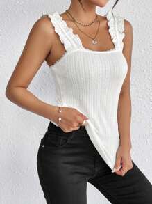 SHEIN Frenchy Solid Frill Trim Wide Strap Top - White - View 6