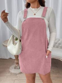 Flirla Talla grande Vestido overol con parche con bolsillo de pana sin camiseta - Rosa - Ver 6