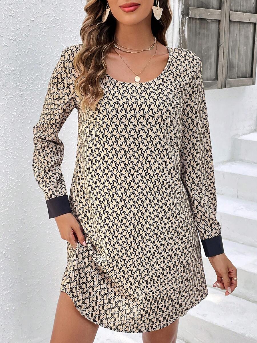 SHEIN Frenchy In Toàn bộ Viền tương phản Đầm - Màu be - Xem 1