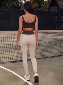 VARSITIE 運動瑜伽基本款V字腰打底褲，女士網球服裝 - 米色 - 查看 6