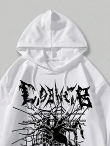 ROMWE MEN Goth Men Letter & Spider Web Print Drawstring Hoodie - White - View 8