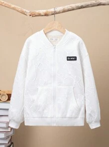 SHEIN Cậu bé Tween Chi tiết Patched thư Lót Teddy Áo khoác bomber - trắng - Xem 3