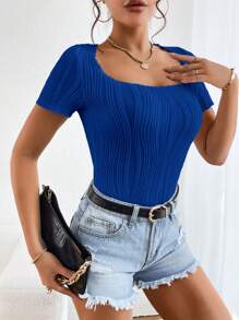 SHEIN Essnce Solid Scoop Neck Tee - Royal Blue - View 5