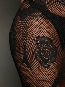 SHEIN SXY Floral Pattern Sheer Mesh Bodycon Dress Without Lingerie Set - Black - View 3