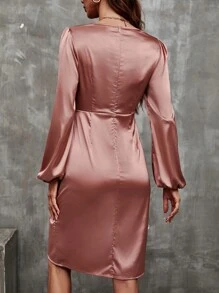SHEIN Essnce Lantern Sleeve Wrap Hem Satin Dress - Dusty Pink - View 2