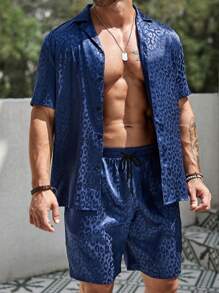 Manfinity Homme Men Leopard Jacquard Shirt & Shorts - Navy Blue - View 5