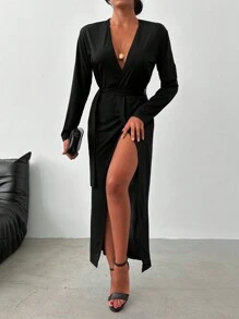 EURMUSE Solid Plunging Neck Wrap Hem Dress - Black - View 1