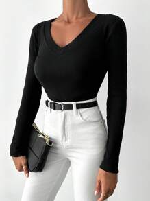 EURMUSE Camiseta unicolor de cuello V - Negro - Ver 3