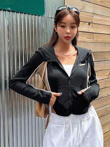 DAZY Colorblock Zip Up Crop Hooded Jacket - Black - View 4