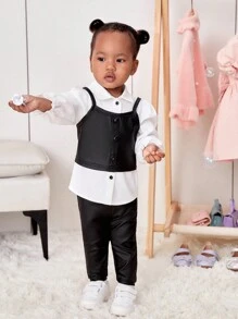 SHEIN Đứa bé gái 3pcs Thời gian rảnh rỗi Áo sơ mi , Da giả Dải mỏng Áo ba lỗ , Eo đàn hồi Dài Quần Bộ - Đen và trắng - Xem 3