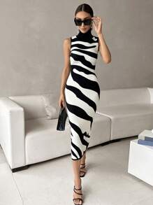 Firerie Two Tone Turtleneck Sweater Dress - Black and White - View 6