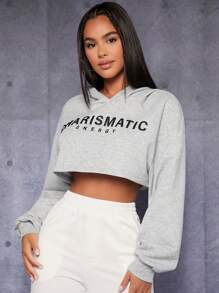 SHEIN PETITE Đồ họa Chữ cái Thả vai Áo hoodie ngắn - Màu Xám nhạt - Xem 6
