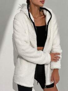 EURMUSE Contrast Binding Drawstring Waist Hooded Teddy Coat - White - View 6