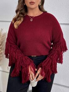 SHEIN Clasi Plus Fringe Trim Drop Shoulder Sweater - Burgundy - View 6