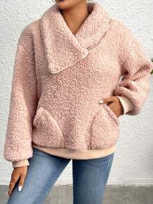 SHEIN Unity Solid Zip Up Teddy Sweatshirt Pullover Fall Outfit - Pink - View 3