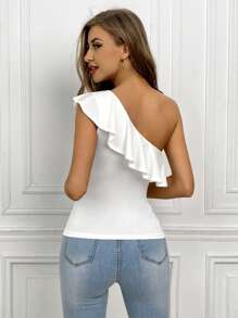 SHEIN Privé One Shoulder Ruffle Trim Asymmetrical Neck Top - White - View 2