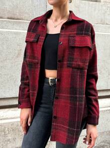 SHEIN PETITE Plaid Print Drop Shoulder Flap Pocket Button Front Coat - Burgundy - View 3