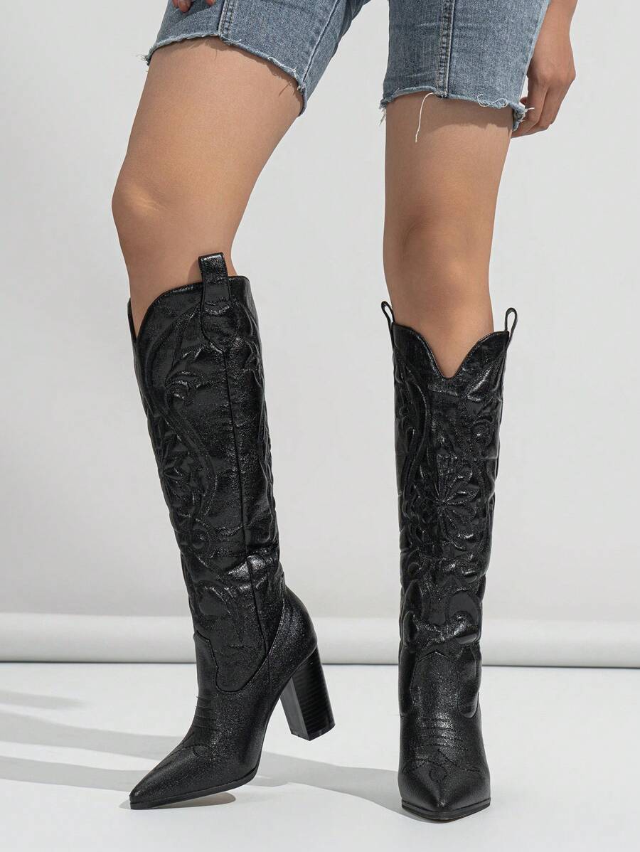 Ladies' Thickened Winter Warm Fashionable Western Boots With Embroidery And Pointed Toe Design - Black - View 1