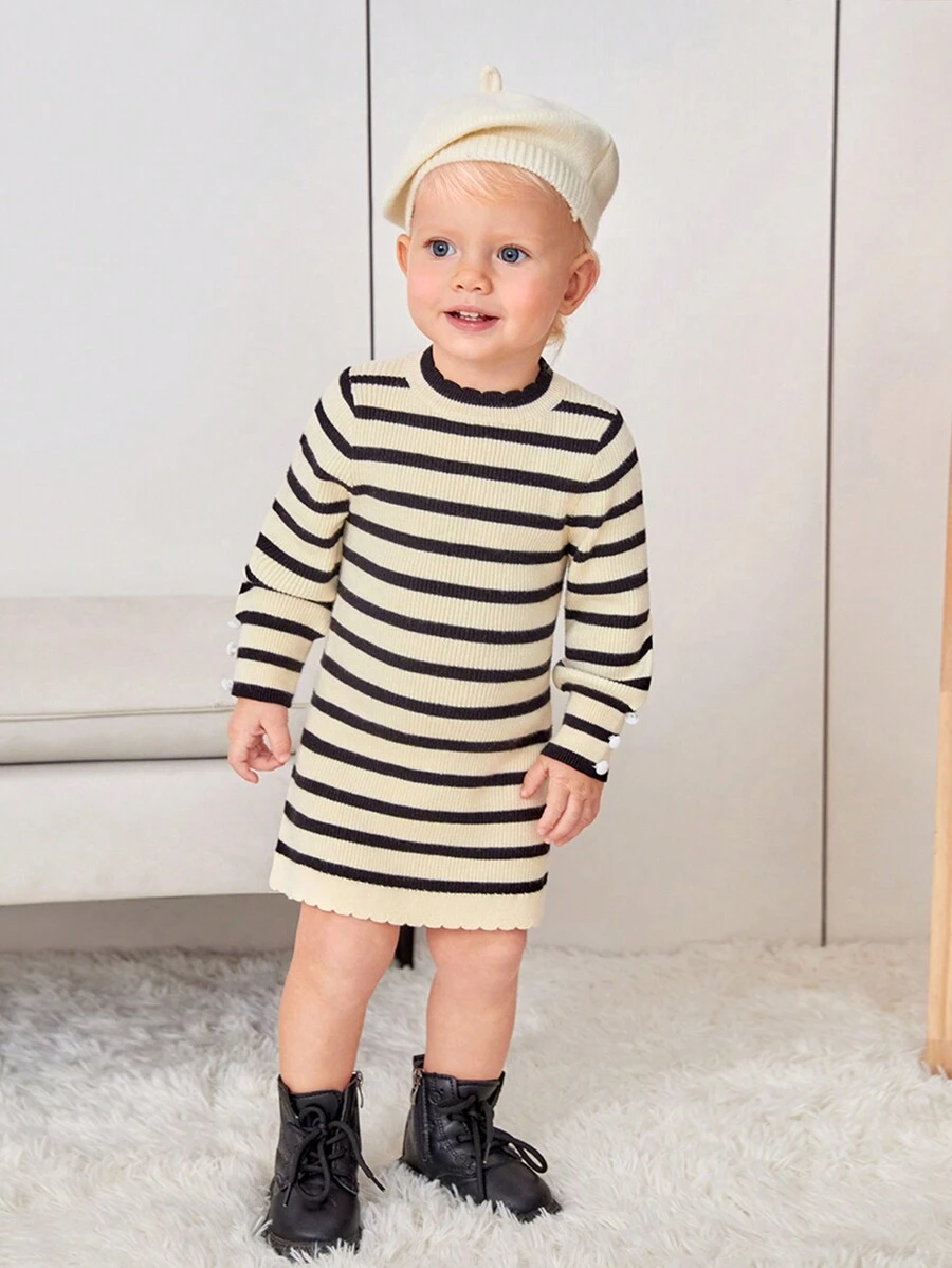 SHEIN 女嬰休閒寬鬆適合長袖圓領套頭衫條紋圖案毛衣洋裝 - 彩色 - 查看 1