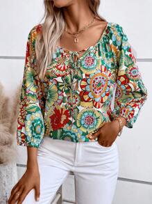 Breezaya In hoa Cà vạt Tay áo lồng đèn Áo sơ mi - màu xanh lá - Xem 6