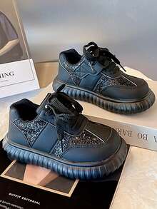 Children's Stylish Rhinestone Teenager Casual Flat Shoes With Thick Sole, Lightweight And Slip-proof - Black - View 8