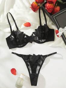 Crystal Vow Conjunto de lencería de sujetador con aros y braguita bordada con flores - Negro - Ver 5